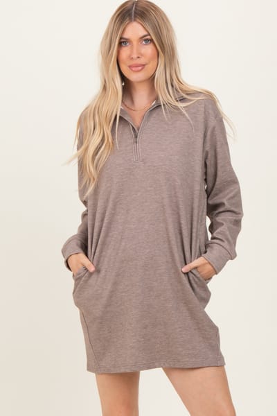 Hem & Thread Taupe Brushed Quarter Zip Jersey Lounge Sweatshirt Dress