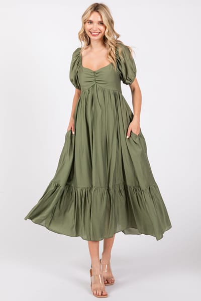 In February Olive Ruched Sweetheart Neck Tiered Midi Dress