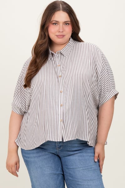 PinkBlush Brown Striped Button Up Short Dolman Sleeve Maternity Plus Top