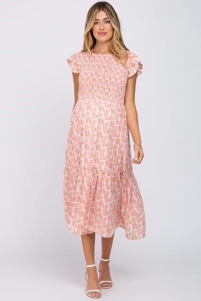 Hayden Pink Leaf Print Smocked Ruffle Sleeve Maternity Midi Dress