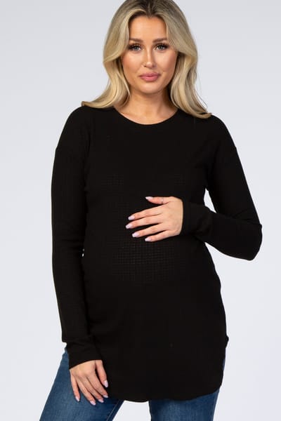 PinkBlush Black Long Sleeve Round Hem Textured Maternity Top
