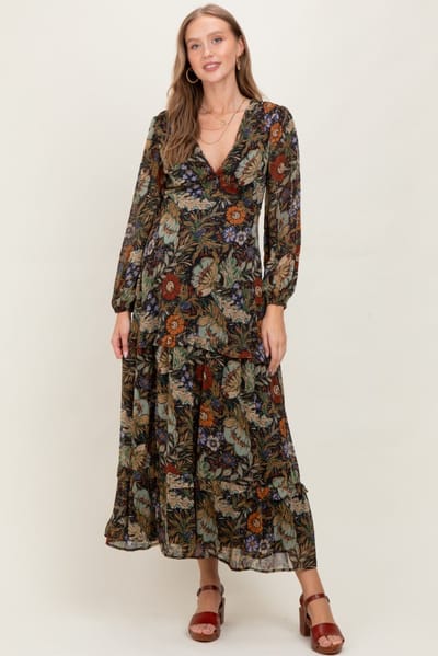 BaeVely Black Floral Chiffon V-Neck Long Sleeve Maternity Maxi Dress
