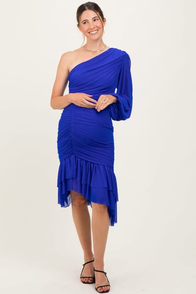 PinkBlush Royal Blue Mesh Ruched One Shoulder Asymmetric Maternity Dress