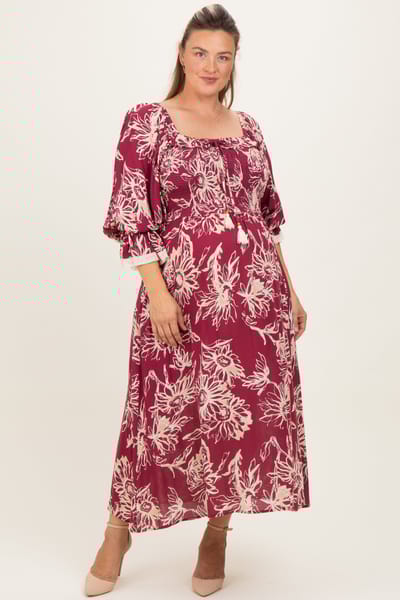 ODDI Burgundy Floral Smocked 3/4 Sleeve Maternity Plus Midi Dress