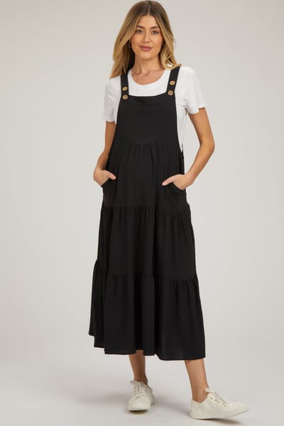 PinkBlush Black Button Sling Tiered Maternity Midi Dress