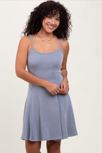 Rhea + Thea Light Blue Solid Ribbed Knitted Adjustable Strap Sleeveless Mini Dress