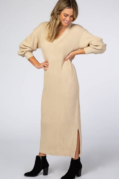In Loom Beige V-Neck Ribbed Sweater Dress