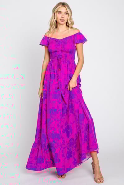 Rhea + Thea Magenta Floral Smocked Cinched Top Maxi Dress