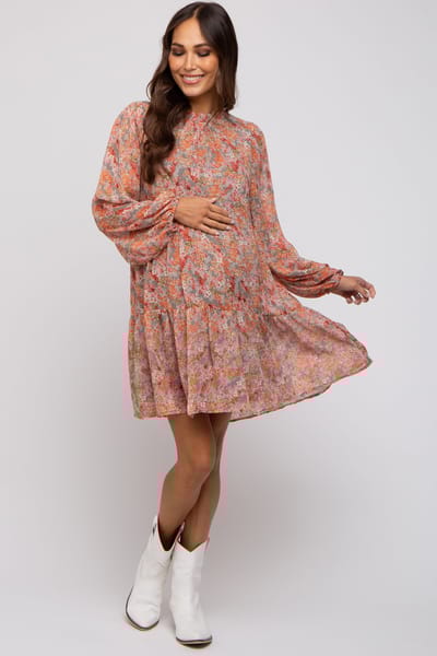 Jodifl Grey Floral Chiffon Ruffle Mock Neck Tiered Maternity Dress