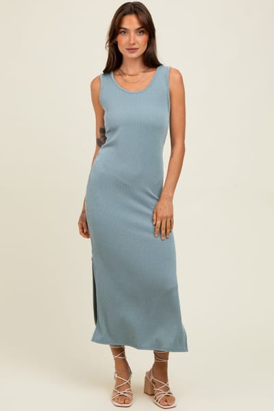 Rhea + Thea Blue Ribbed Side Slit Maxi Dress