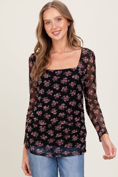 Hello Miz Black Square Neck Sheer Sleeve Floral Top