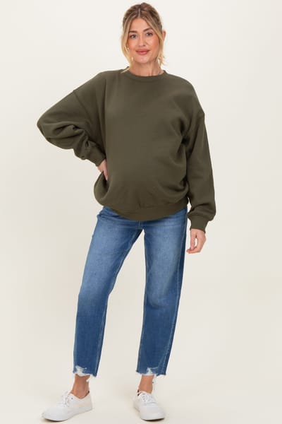 Vervet Blue Frayed Hem Cropped Straight Leg Maternity Jeans