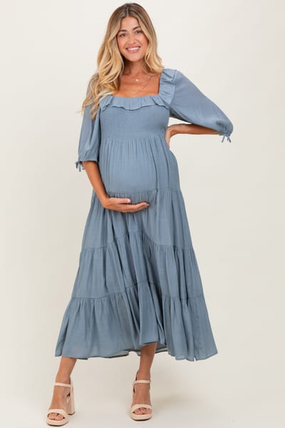 Wishlist Light Blue Smocked Ruffle Detail Tiered Maternity Midi Dress
