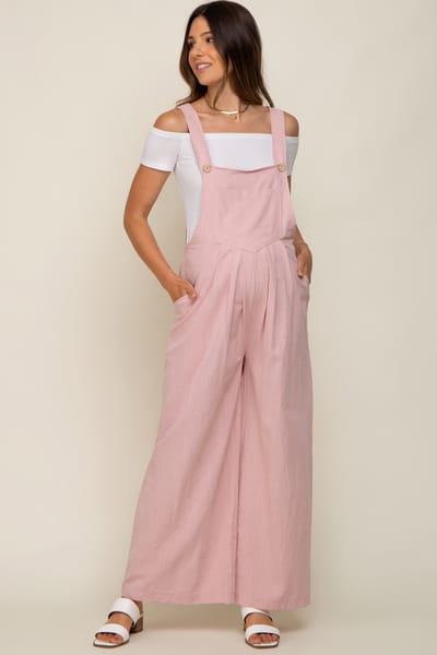 PinkBlush Light Pink Front Pocket Pleated Linen Maternity Overall
