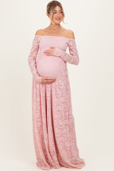 Rhea + Thea Light Pink Floral Lace Long Sleeve Off Shoulder Maternity Maxi Dress