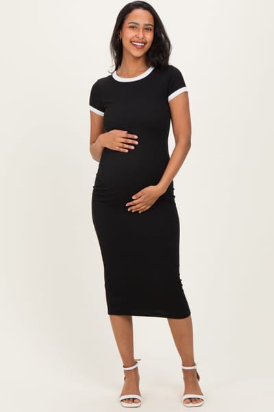 Hearts and Hips Black Colorblock Trim Maternity Midi Dress