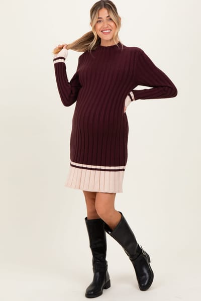 PinkBlush Burgundy Ribbed Contrast Hem Maternity Sweater Dress
