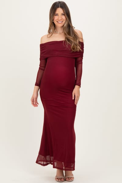 Sweet Generis Burgundy Mesh Off Shoulder Long Sleeve Maternity Maxi Dress
