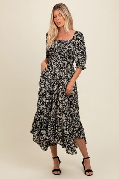 Elloh Black Smocked Handkerchief Hem Dress