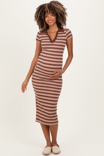Hearts and Hips Light Pink Striped Collared Maternity Midi Dress