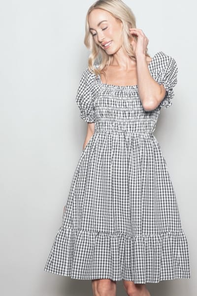 Elloh Black Gingham Smocked Puff Sleeve Dress