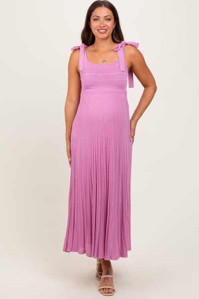 PinkBlush Mauve Textured Knit Shoulder Tie Maternity Midi Dress