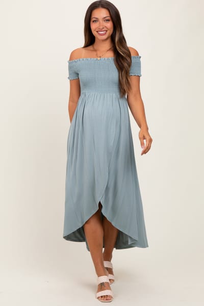 Hello Miz Light Olive Smocked Off The Shoulder Maternity Midi Dress