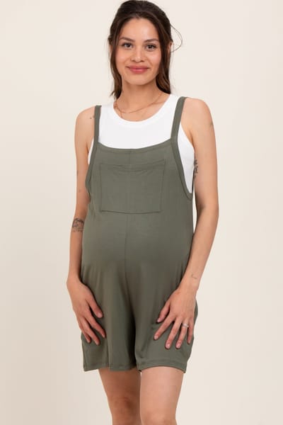 Elloh Green Olive Front Pocket Overall Knit Maternity Romper