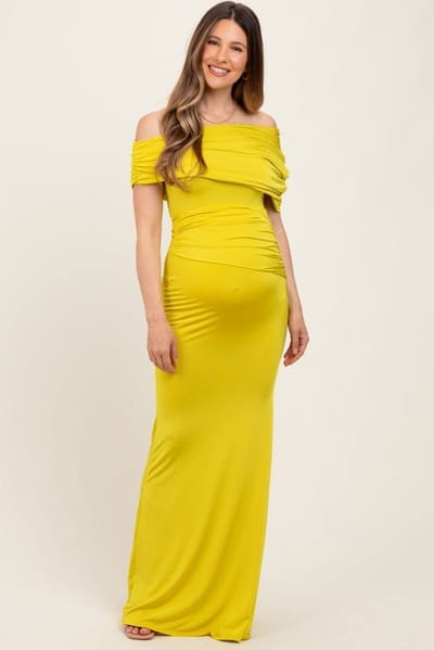 PinkBlush Lime Off Shoulder Foldover Ruched Maternity Maxi Dress