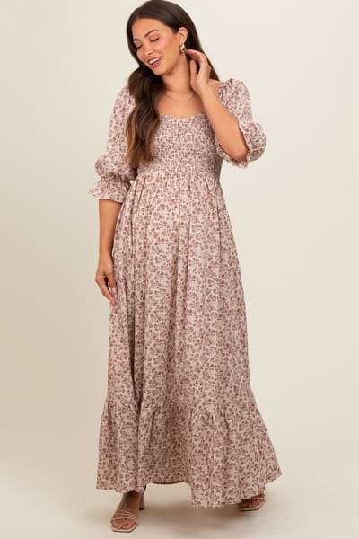Elloh Cream Sweetheart Neck Smocked Ruffle Hem Maternity Maxi Dress