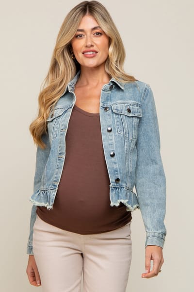 Listicle Light Blue Denim Ruffle Trim Maternity Jacket