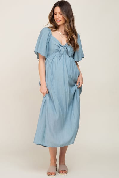 Lime N Chili Blue Front Tie Ruffle Sleeve Maternity Midi Dress