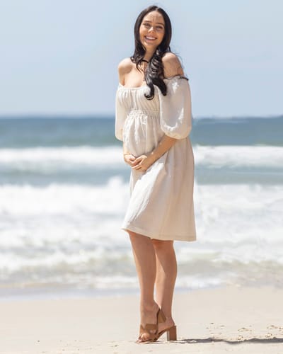 Angel Maternity Celeste Maternity Dress in Whispering Almond Linen