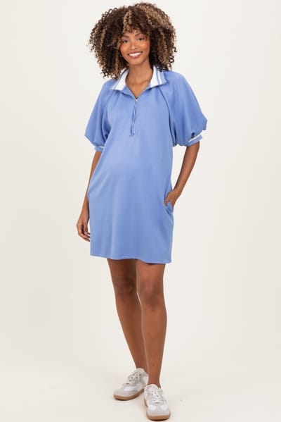 Entro Dusty Blue Half Zip Puff Sleeve Maternity Mini Dress
