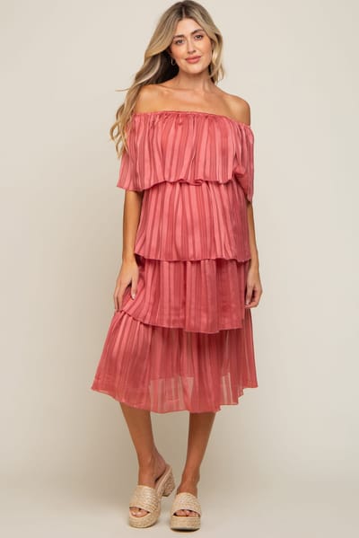 PinkBlush Dark Mauve Striped Layered Maternity Midi Dress