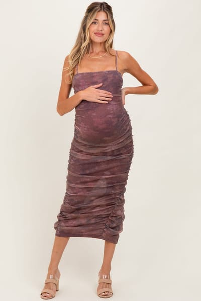PinkBlush Mauve Printed Metallic Ruched Maternity Midi Dress