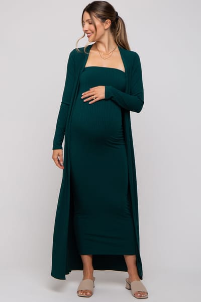 Rhea + Thea Forest Green Ribbed Sleeveless Dress Cardigan Maternity Set