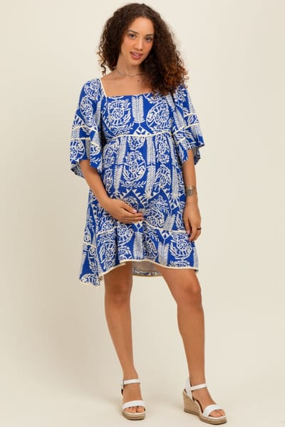 BiBi Royal Blue Printed Tie Back Contrast Trim Maternity Dress