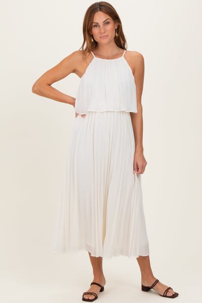Dress Day Cream Pleated Woven Midi Dress