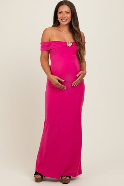 Blue Blush Fuchsia Off Shoulder Seashell Pendant Maternity Maxi Dress