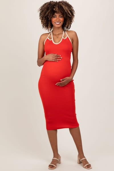 PinkBlush Red Contrast Trim Keyhole Cutout Maternity Midi Dress