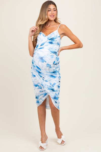 PinkBlush Blue Floral Ruched Tulip Hem Maternity Midi Dress