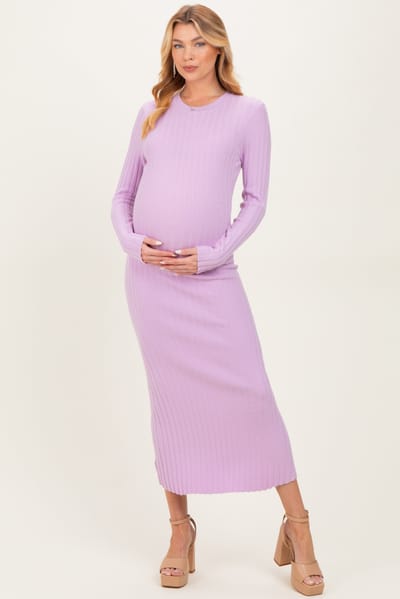 ABLE Lilac Ribbed Knit Fitted Maternity Midi Sweater Dress