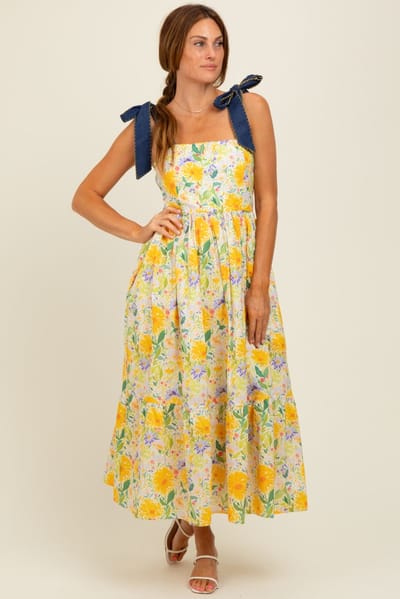 Entro Yellow Floral Contrast Shoulder Tie Midi Dress