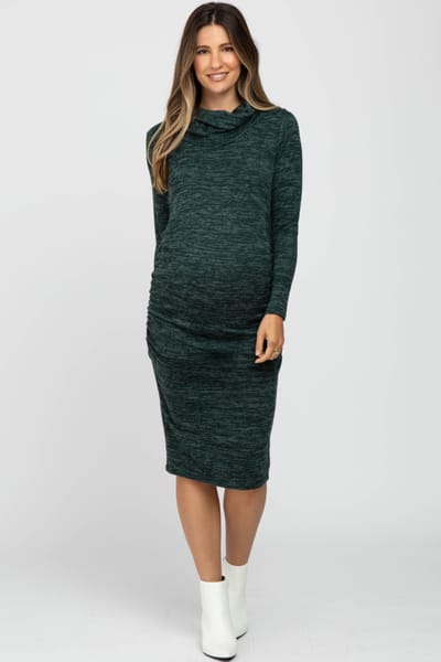Hello Miz Green Knit Long Sleeve Cowl Neck Maternity Dress
