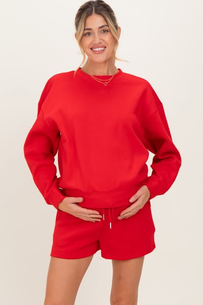 Zenana Outfitters Red Fleece Sweatshirt Shorts Maternity Set