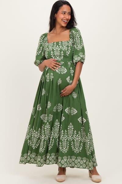 In Loom Green Damask Print Short Sleeve Maternity Maxi Dress