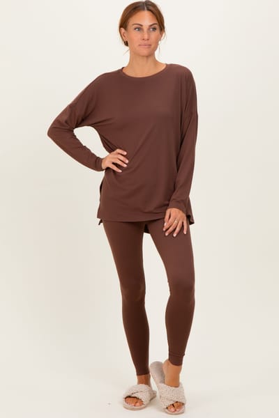 Zenana Outfitters Brown Brushed Knit Oversized Top and Legging Set