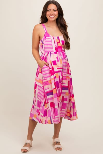 PinkBlush Fuchsia Geo Printed Cut Out Back Detail Maternity Midi Dress