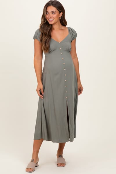 PinkBlush Olive Button Accent Front Slit Maternity Midi Dress